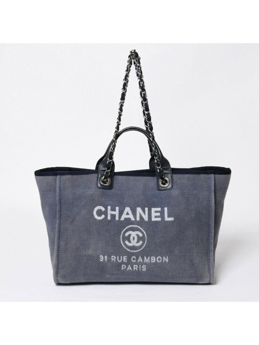 Chanel Deauville Denim Large 2-Way Tote Shoulder Bag Blue Silver